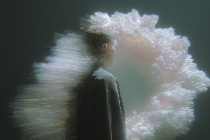 Ethereal portrait with luminous crystalline forms and motion blur