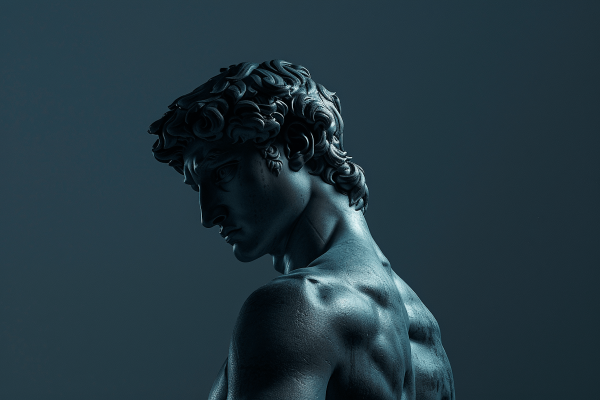 Dramatically lit classical sculpture against a deep blue background
