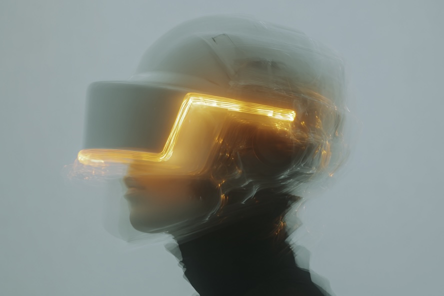 Futuristic portrait with a glowing amber visor